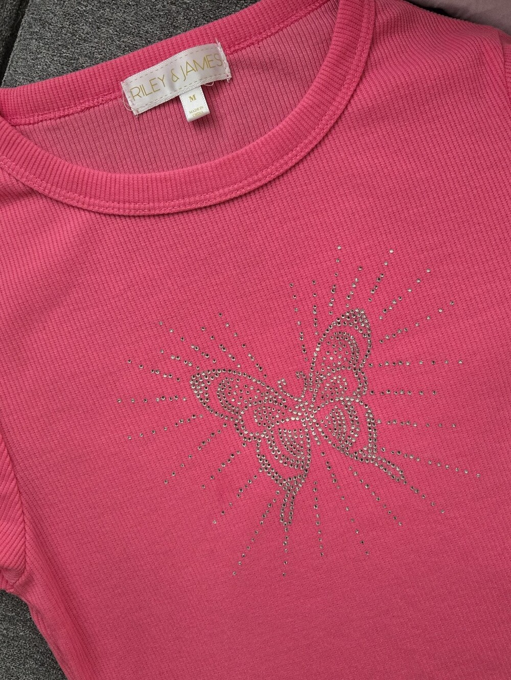 Pink Butterfly Rhinestone Y2k Ribbed Tee - Picture 3 of 6